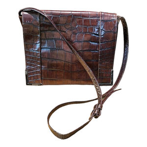 Sharif Brown Leather Crocodile Embossed Crossbody Bag